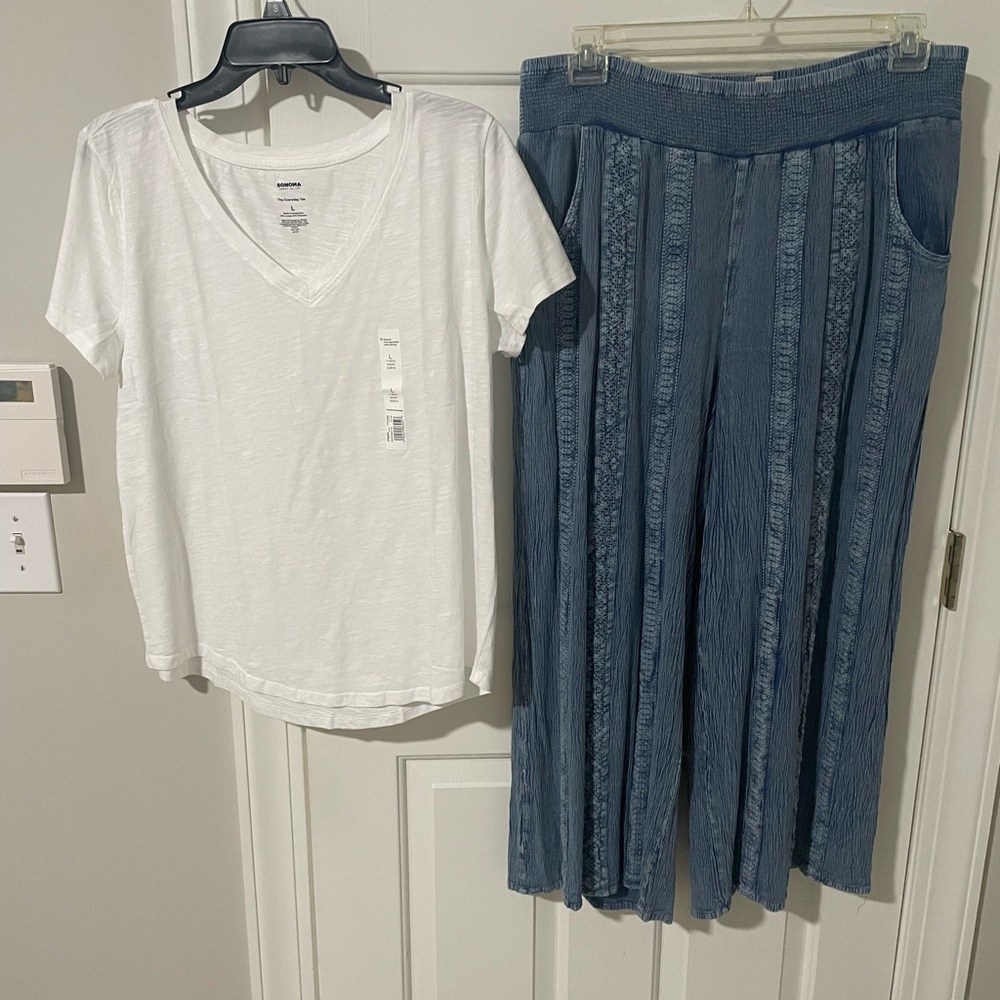 White V-Neck T-Shirt and Blue Pallazzo pants set